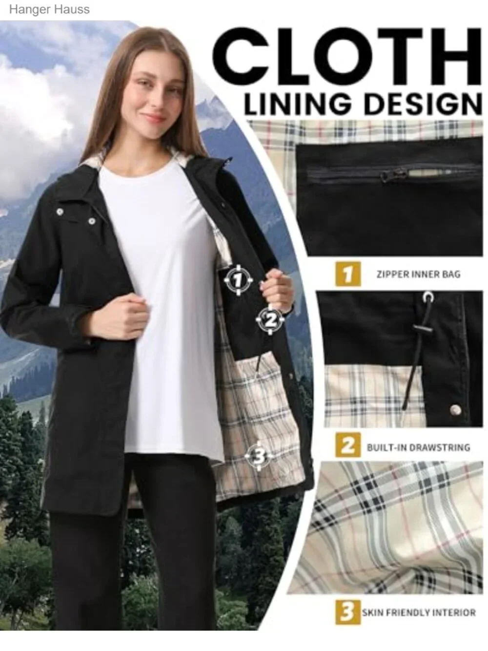 Women's Long Rain Jacket Waterproof Packable Hooded Windbreaker with Adjustable